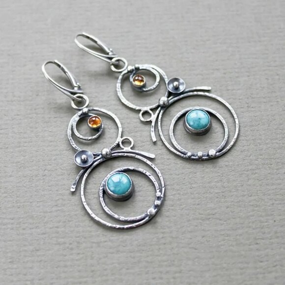 Artisan Style Earrings Blue Gemstone Chandelier Silver Tone 2 Inch - Picture 3 of 4